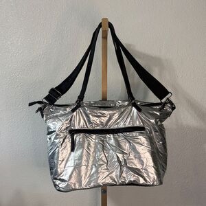 NEW-Steve Madden BTAO large silver satchel with detachable cross-body strap